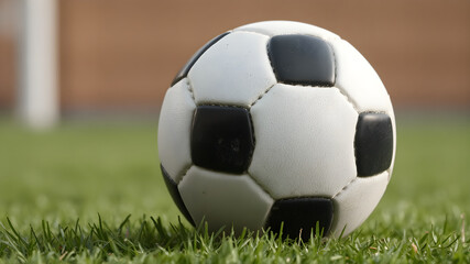 Classic Soccer Ball Resting on Green Grass Field with Soft Focus