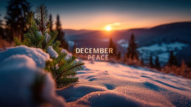 Peaceful winter sunrise over snowy mountains with evergreen tree, a serene December scene perfect for holiday greetings and seasonal promotions - Powered by Adobe