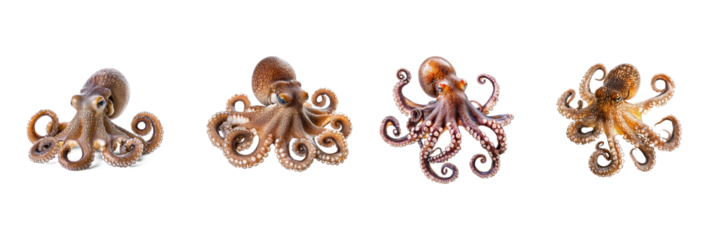 Collection of Octopus resting Sits still or curls its arms when not active. full length isolate on transparent background