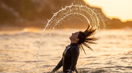 A carefree woman in a black wetsuit flips her long wet hair, creating a beautiful water splash in the ocean during a golden sunset