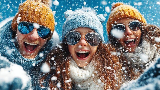 Happy people wearing winter hat and sunglasses enjoying snowy weather throwing snowballs together outdoors