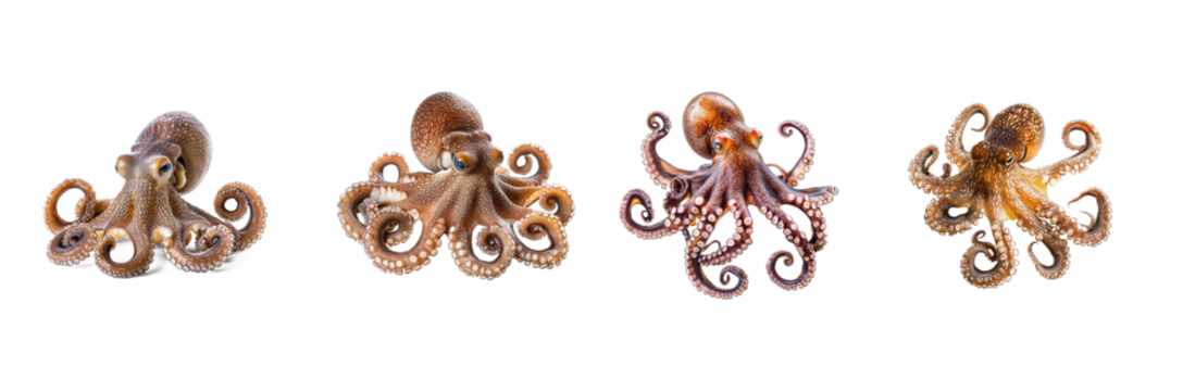 Collection of Octopus resting Sits still or curls its arms when not active. full length isolate on transparent background