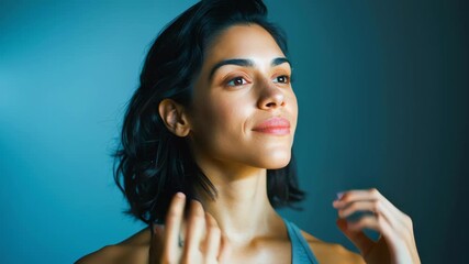 Young latin woman female girl portrait closeup face with calm smile and natural beauty, serene mood soft studio light, athletic pose with toned arm, peaceful focused expression, athlete vibe