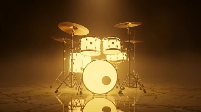 Illuminated Drum Kit in Golden Light: Music, Performance, Stage