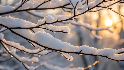 Winter Wonderland Snowy Branches in Golden Sunlight a Serene and Magical Landscape Scene