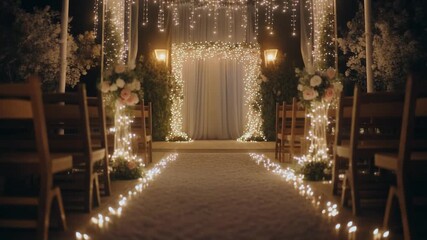 Dreamy Wedding Aisle with Shimmering Lights Along the Path Romantic Scene