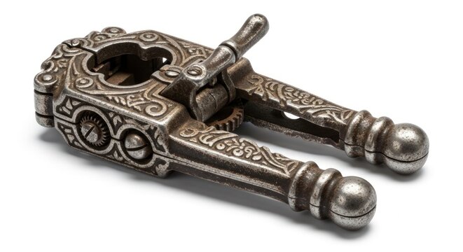 Close-up of an ornate metal nutcracker on a white background