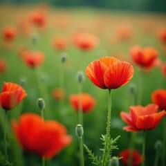Obraz premium Close-up, delicate poppies amidst wildflowers, close-up, stock photo