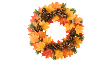 Vibrant autumn wreath with pinecones, acorns, and colorful maple leaves