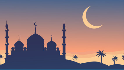 Silhouette of a mosque with a crescent moon view