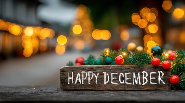 Happy December holiday wishes with rustic wooden sign and festive lights, perfect for heartwarming seasonal greetings and joyful celebrations
