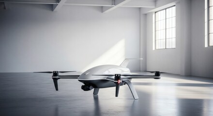 Modern white drone on the floor of a bright white studio with sunlight shining through the windows, unmanned aerial vehicle