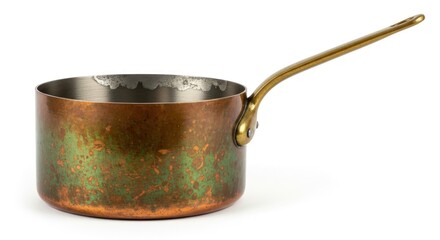 Close-up of a vintage copper saucepan with a brass handle on a white background.