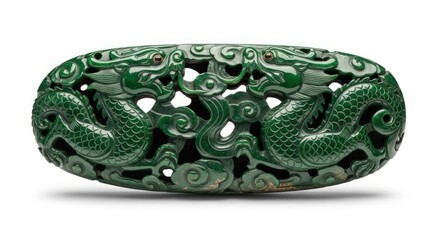 Close-up of a green jade bracelet with intricate dragon designs on a white background.