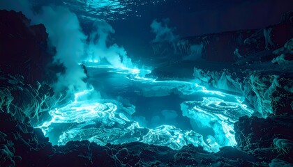 Obraz premium Underwater volcanic activity with glowing blue lava and smoke in a dark ocean environment.