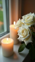 Obraz premium Close-up of pristine white roses illuminated by soft candlelight, peaceful atmosphere , white, stillness, flower