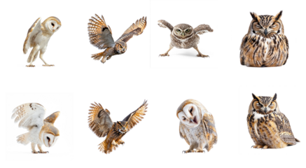 Collection of Owl stretching An owl stretches its wings or legs, body extended. full length isolate on transparent background
