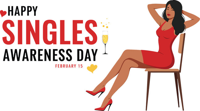 Woman in Red Dress Celebrating Singles Awareness Day with Champagne and Hearts Keywords: singles awareness day, woman, red dress, chair, champagne - Powered by Adobe