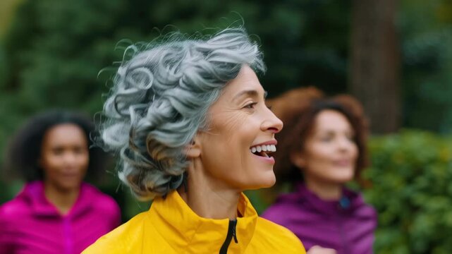 Young latin woman runner female senior with grey hair and curly hair, smile and happiness active morning fitness energetic wellness jogger outdoors nature park greenery, joyful focus, healthy