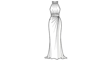 Elegant gown design sketch with a halter neckline and draped detailing highlighting a sense of