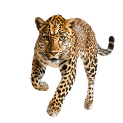 Obraz premium Leopard running A leopard dashes forward, legs extended and body streamlined. full length isolate on transparent background