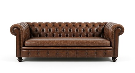 Brown leather Chesterfield sofa with tufted upholstery on a white background