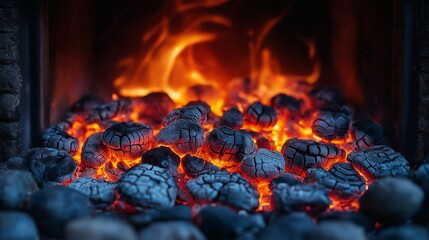 Coals in Fireplace: A close-up view unveils the mesmerizing dance of flames, reflecting the intense heat emanating from glowing coals. Witness the comforting ambiance of the fireplace.