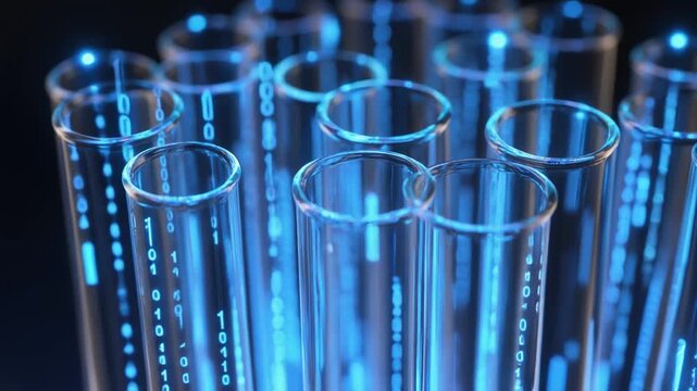 Blue glowing data streams flowing through transparent glass tubes. Conceptual image of quantum computing, macro photography, deep depth of field.