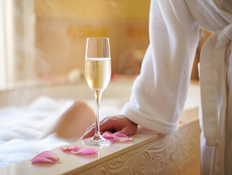 Hand in white bathrobe reaching for champagne flute on luxurious bubble bath edge with rose petals - Powered by Adobe