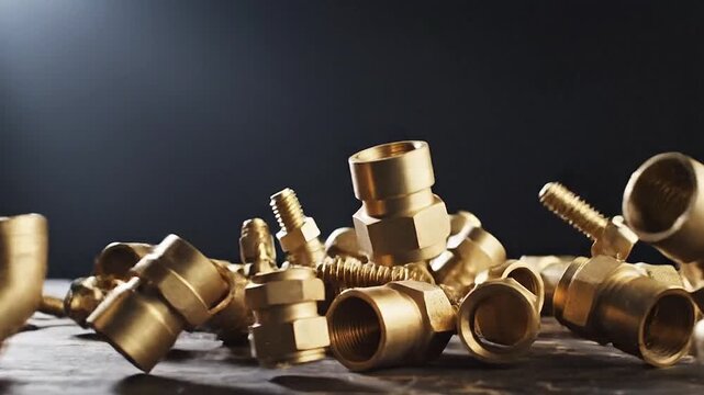 Gravity takes hold so the falling brass fittings tumbles physics