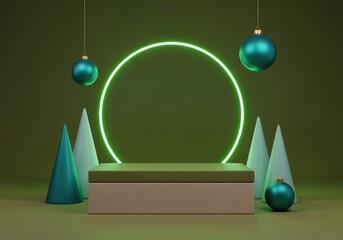 Festive green christmas scene with podium and ornaments isolated on white background
