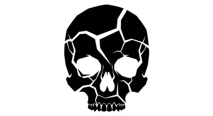 Black cracked skull icon on a white background with sharp lines.