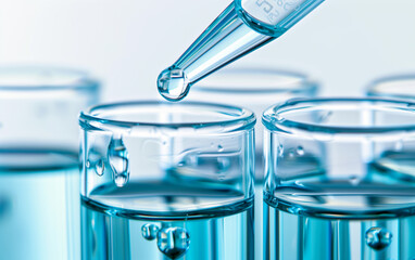 Close-up of test tubes filled with blue liquid, with one drop being poured into the top tube using an eyedropper.