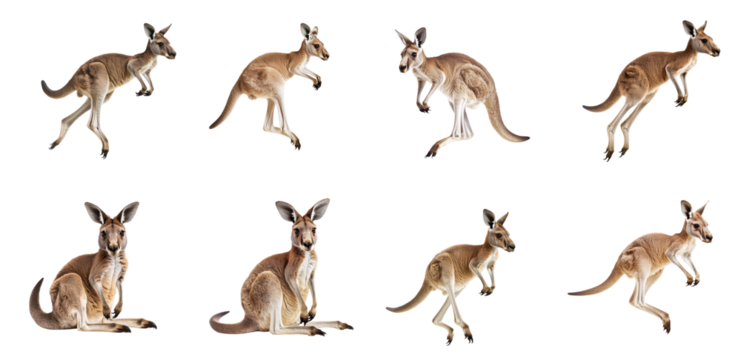 Collection of Kangaroo jumping A kangaroo takes a powerful leap, pushing off the ground with both hind legs. full length isolate on transparent background