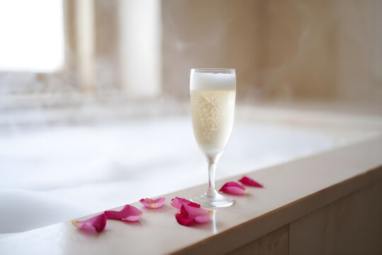Elegant champagne flute surrounded by pink rose petals on bathtub rim, soft focus bubble bath