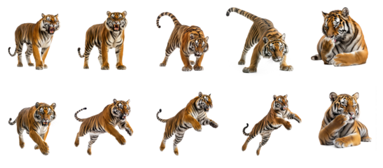 Collection of Tiger growling A tiger stands with its mouth slightly open, letting out a deep growl. full length isolate on transparent background