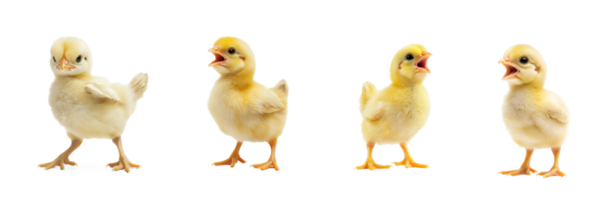 Collection of Baby chick stretching A chick stretches one leg and extends its wings, balancing on its other foot. full length isolate on transparent background