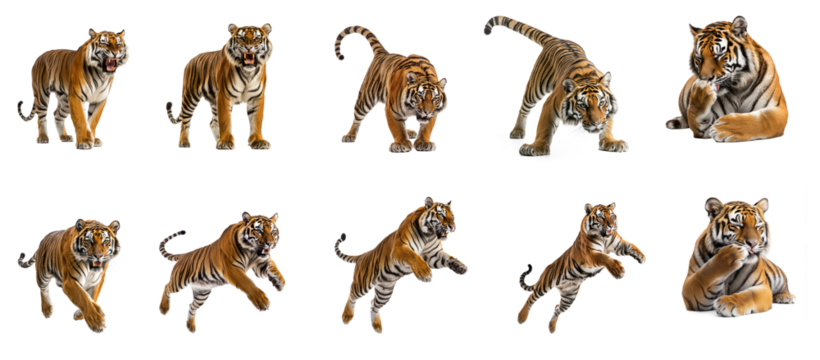 Collection of Tiger growling A tiger stands with its mouth slightly open, letting out a deep growl. full length isolate on transparent background