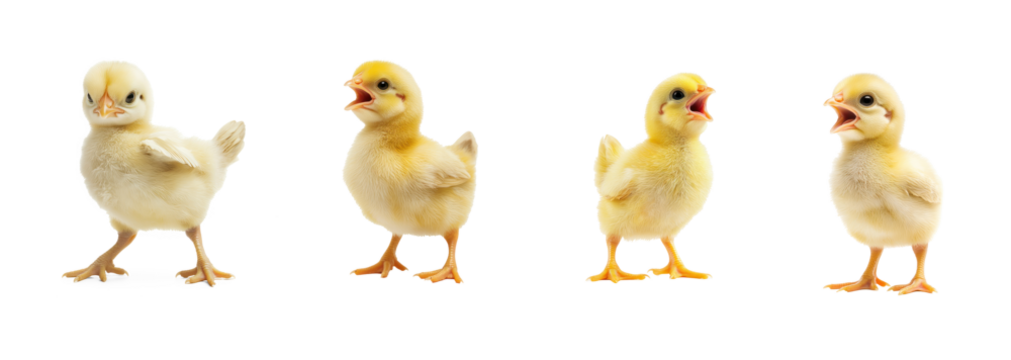 Collection of Baby chick stretching A chick stretches one leg and extends its wings, balancing on its other foot. full length isolate on transparent background