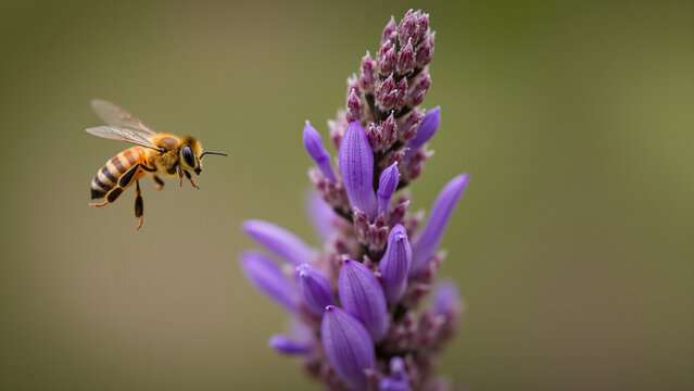 Macro honey bee on purple wildflowers, perfect for environmental campaigns, organic honey branding, and nature blogs. High-detail close-up with serene bokeh background.