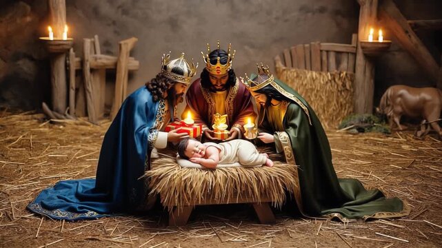 The Magi present gifts to Jesus. Three Kings Day