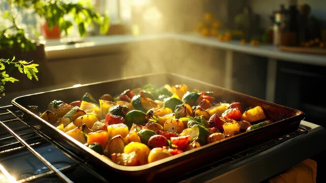 Delicious roasted vegetables on baking tray in oven with steam filling the air appetizing