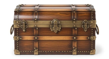 A vintage wooden chest with brass accents and hardware on a white background.
