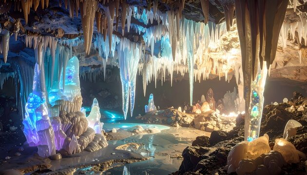 Stunning Illuminated Stalactites and Stalagmites in a Vibrant Cave System.