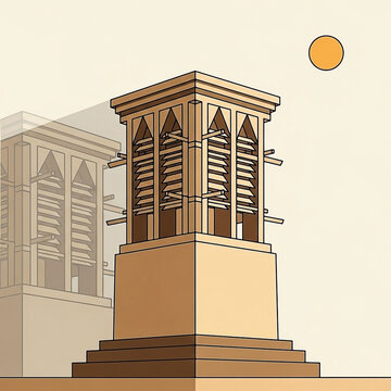 Traditional Middle Eastern Wind Tower Illustration with Sun in Desert Climate Architectural
