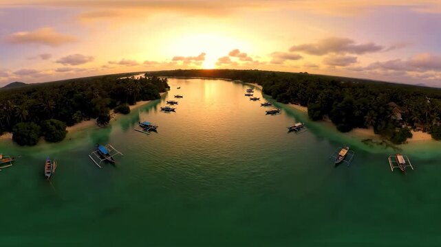 4k, Panoramic aerial drone shot of traditional fishing boats moored along a tropical river bordered by lush rainforest at sunset, featuring warm, golden light and a tranquil