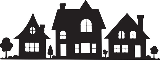 Fototapeta premium Black silhouette of three houses with trees and windows