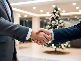 Business Handshake Agreement in a Holiday Office Lobby