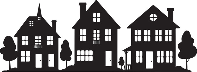 Fototapeta premium Black silhouette of three houses with trees home building