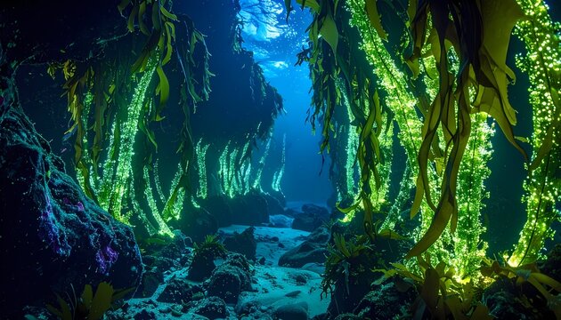 Underwater kelp forest with sunlight filtering through the water creating a magical blue and green glow.